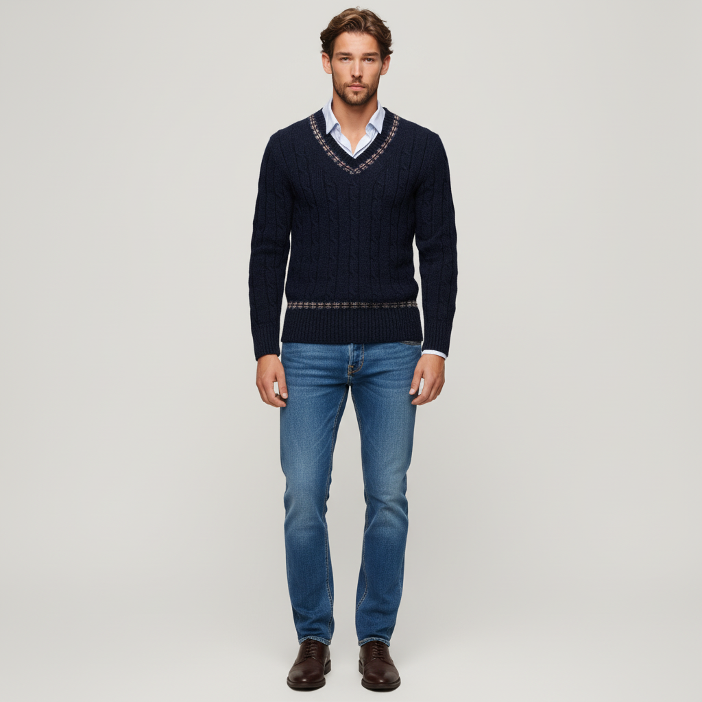 Suéter pullover de lana de cordero con detalle de patrón