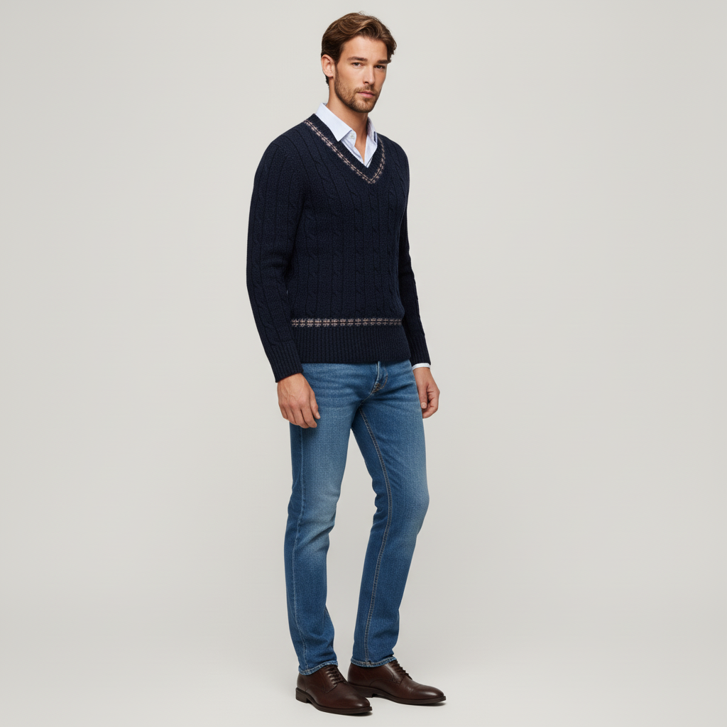 Suéter pullover de lana de cordero con detalle de patrón