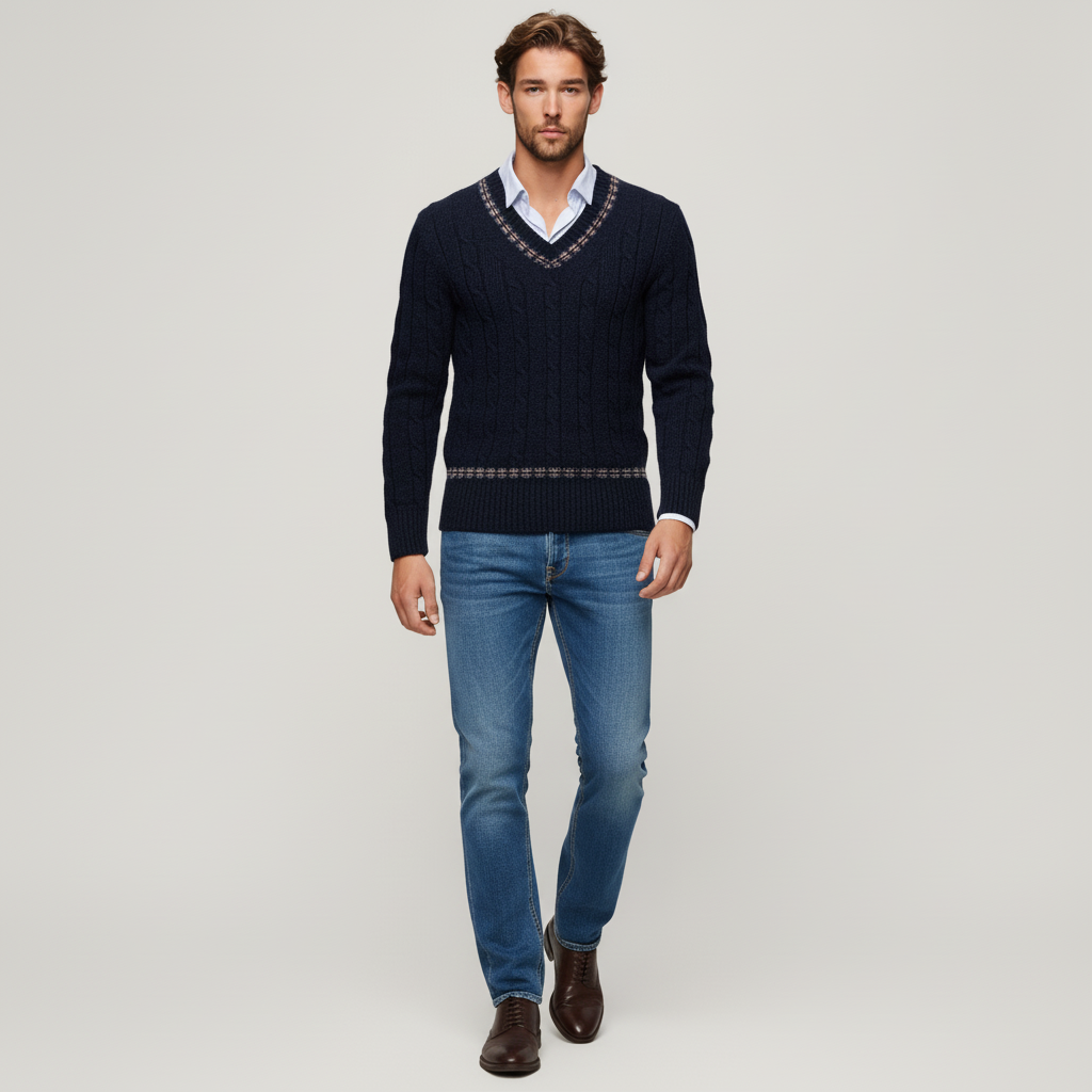 Suéter pullover de lana de cordero con detalle de patrón