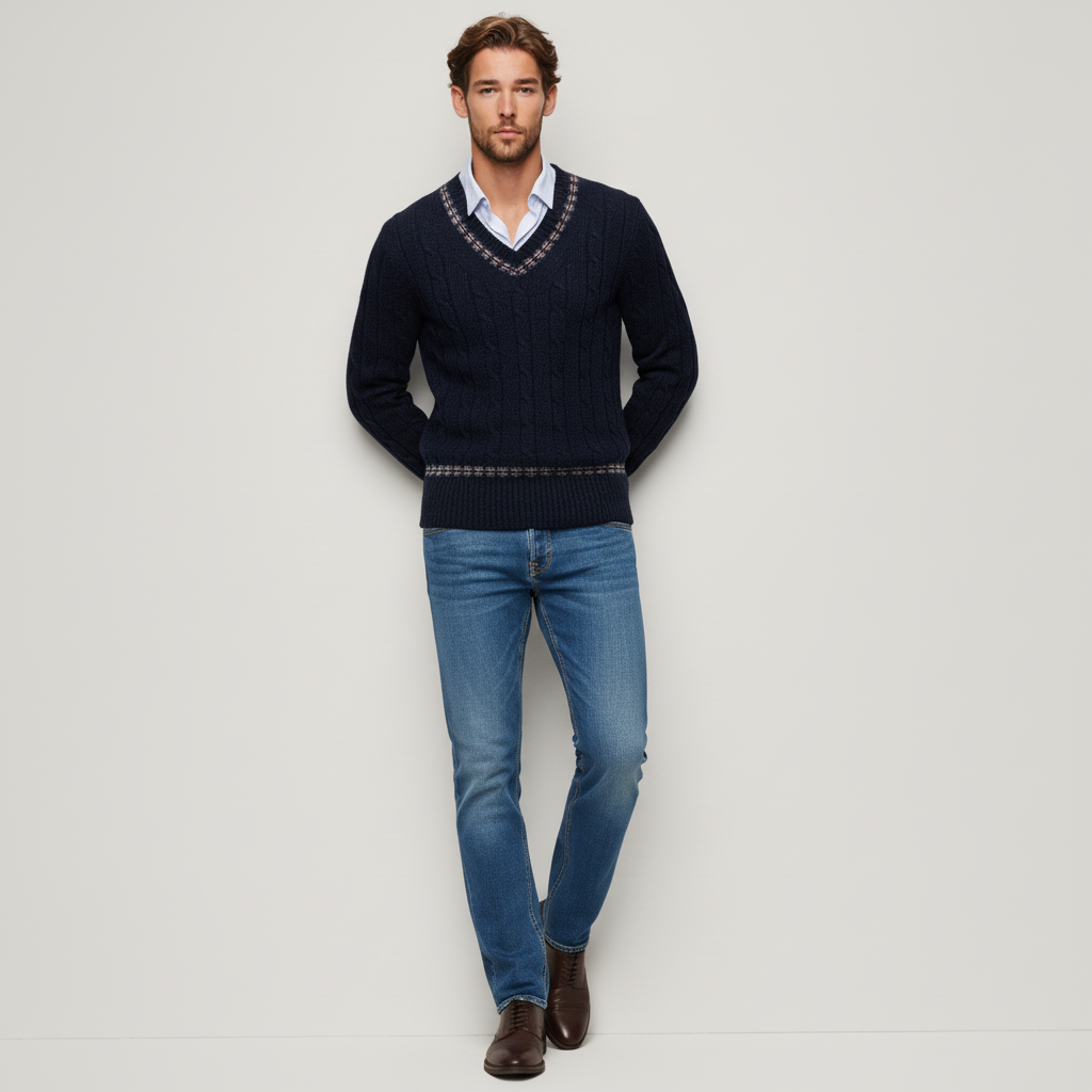 Suéter pullover de lana de cordero con detalle de patrón