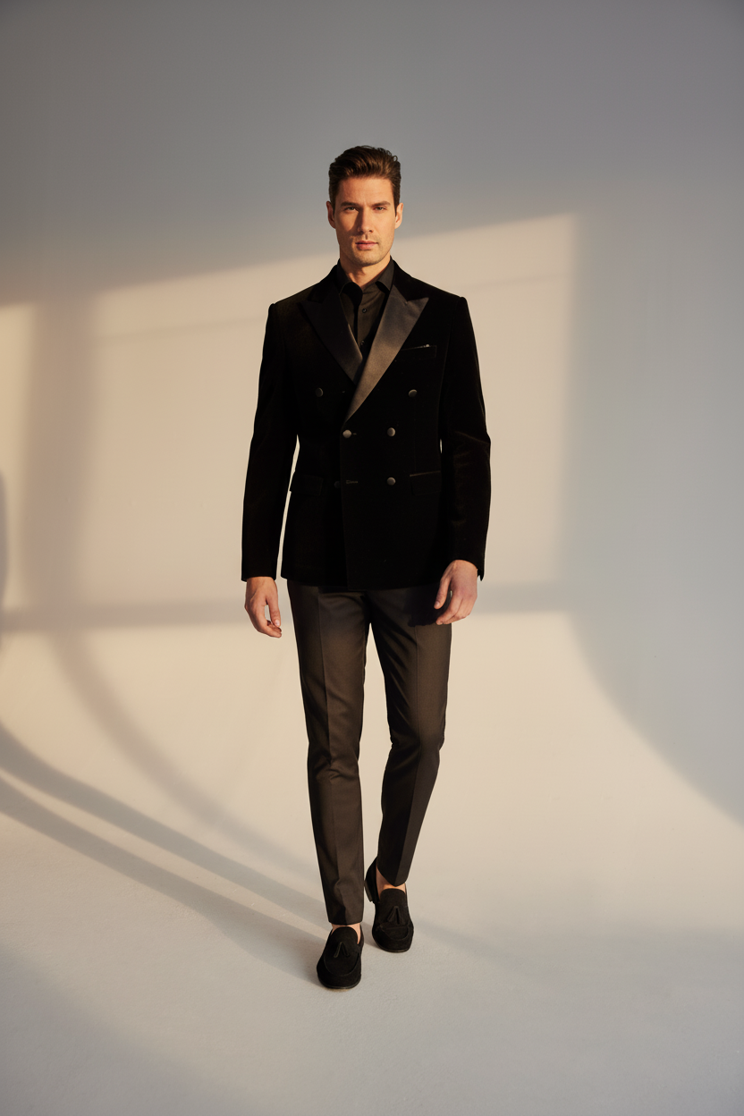 Blazer doble pecho con solapa satinada