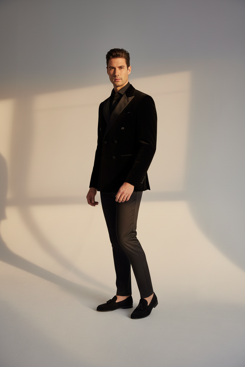Blazer doble pecho con solapa satinada