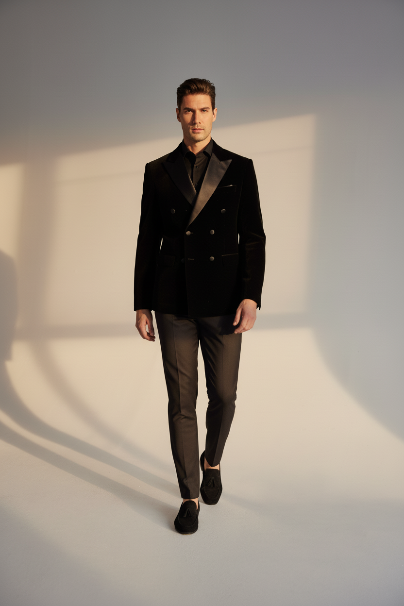 Blazer doble pecho con solapa satinada