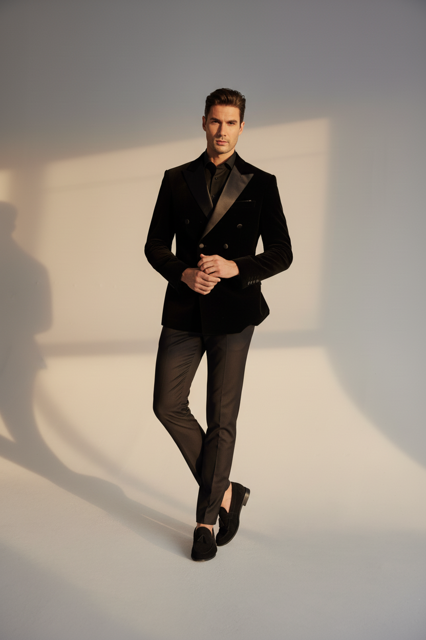 Blazer doble pecho con solapa satinada